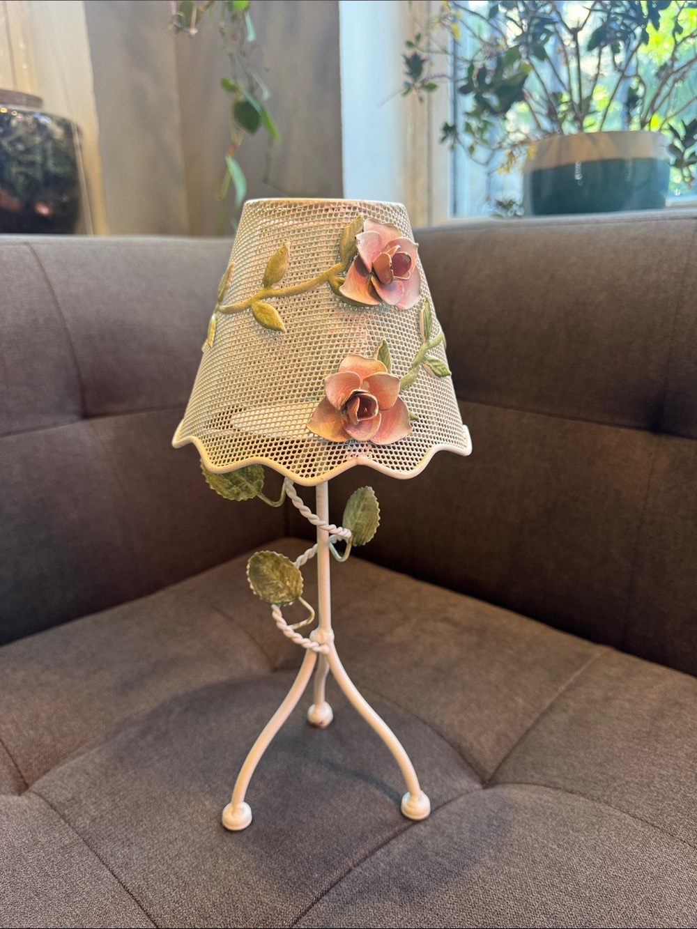 Italian Vintage Rose Painted Metal Candle Lamp from 1950’s